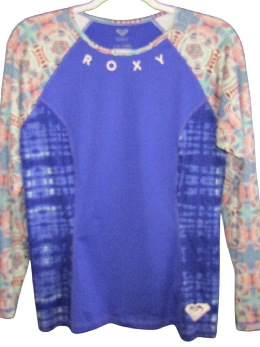 Roxy Rash Guard Blue Long Sleeve Swim Top Womens Size L Tie Dye Surf Beach Heart
